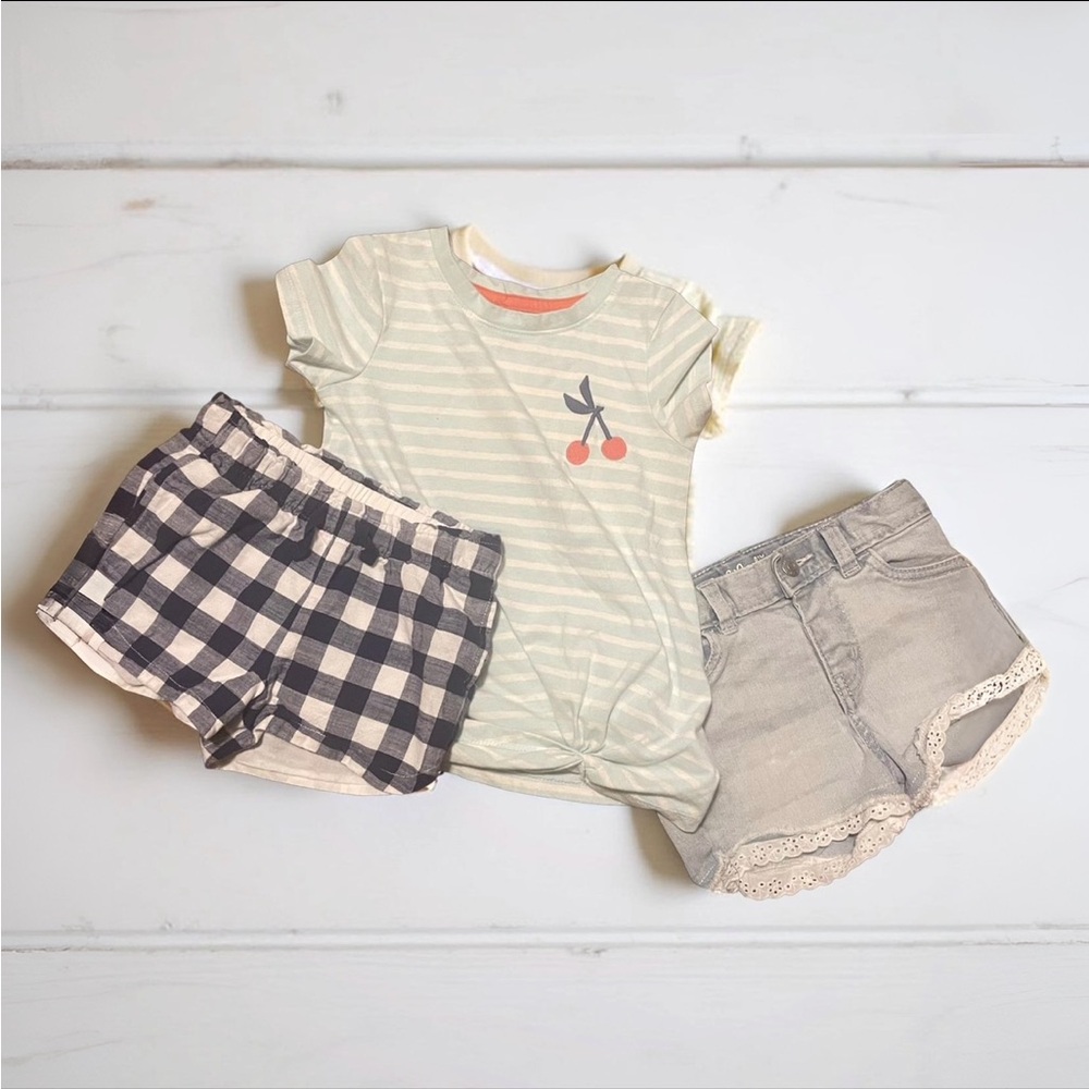 Striped Embroidered Shirt Denim & Gingham Shorts spring bundle Set Toddler Girl